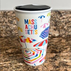 Starbucks Massachusetts 12 oz Ceramic Travel Mug Beach Umbrellas EUC